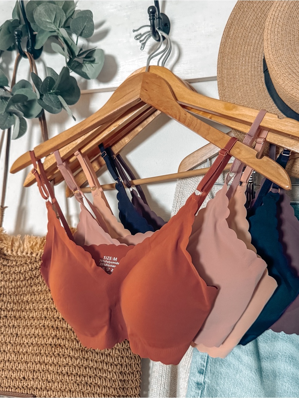 Pack of 5 Scalloped Edge Bralettes - Nude, Blush, Plum, Terracotta, Black